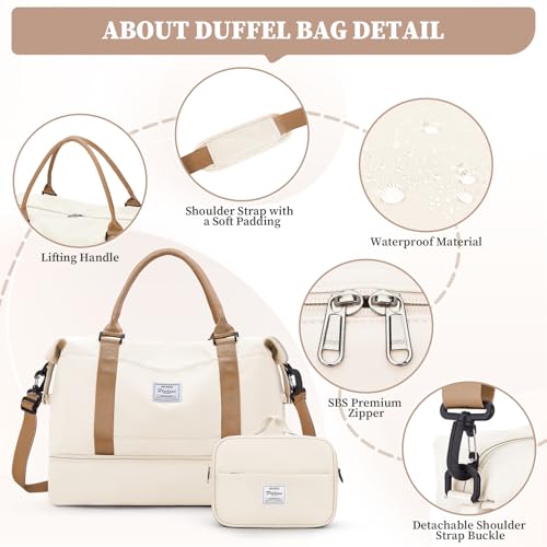Weekender Bags for Women, Personal Item Travel Bag with Shoes Compartment - color: Beige & Brown, size: Medium