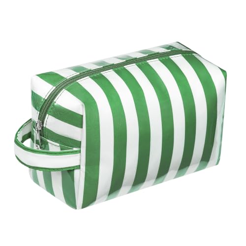 PVC Striped Clear Coated Waterproof Makeup Bag(09Green White) - color: 09Green White