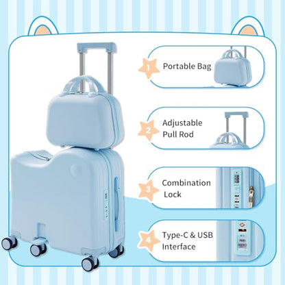Ride-On Luggage, 6-Wheel Kids Suitcase with Cup Holder, Portable Bag - color: Blue