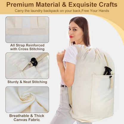 Laundry Bag Backpack, Canvas Laundry Bag with Straps & Drawstring, 2 pack - color: Beige x2, size: X-Large