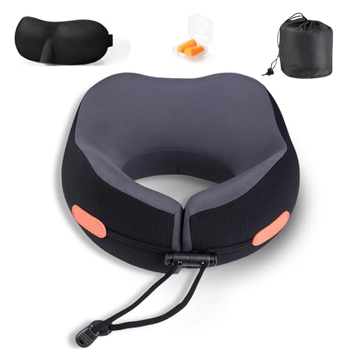 Travel Pillow, Memory Foam Neck Pillow for Airplanes, Includes Eye Mask & Ear Plugs, Ergonomic Design, 360° Support Stowable Pillows for Plane, Car, Train and Home, Black