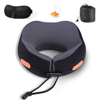 Travel Pillow, Memory Foam Neck Pillow for Airplanes, Includes Eye Mask & Ear Plugs, Ergonomic Design, 360° Support Stowable Pillows for Plane, Car, Train and Home, Black