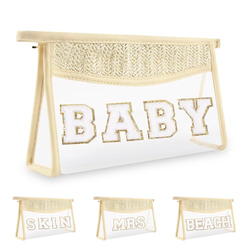 Cute Boho Patch Baby Bag Clear Makeup Letter Bag, Waterproof Zipper Make up Bags Toiletry Pouch for Women Girls, Clear Letter Patch Cosmetic Bags Transparent Organizer Pouch for Travel(Baby, Beige) - color: Baby-Beige