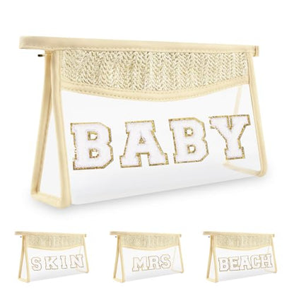 Cute Boho Patch Baby Bag Clear Makeup Letter Bag, Waterproof Zipper Make up Bags Toiletry Pouch for Women Girls, Clear Letter Patch Cosmetic Bags Transparent Organizer Pouch for Travel(Baby, Beige) - color: Baby-Beige