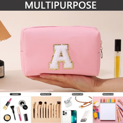 Initial Makeup Bag for Women Gifts, PU Leather Cosmetic Pouch, Pink Style K - color: Pink, style: K