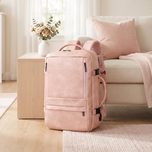 Travel Backpack Women, PU Leather Carry On Backpack Flight Approved, Pink - color: Pink