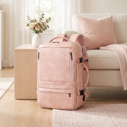Travel Backpack Women, PU Leather Carry On Backpack Flight Approved, Pink - color: Pink