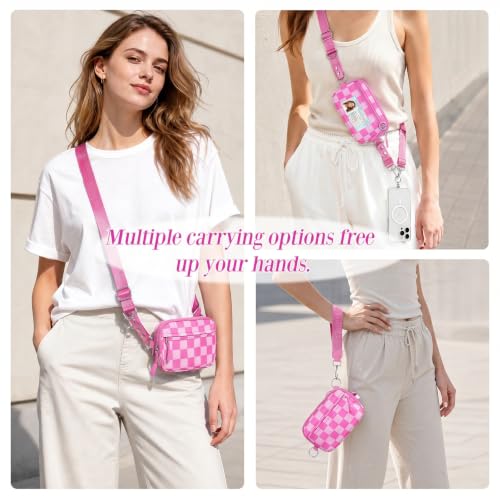 CYSIYU Small Crossbody Bag with Phone Lanyard and Wrist Strap Mini Checkered 4.5x6.5 Purse with RFID Clip and Go for Travel - color: Hot Pink Checkered, size: Mini