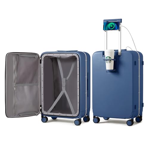 mixi Large Checked Luggage with Cup Phone Holder and Charger Hard Shell Suitcases with Spinner Wheels, 24 Inch Sapphire Blue - color: Sapphire blue, size: 24-inch