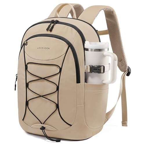 LOVEVOOK Mens Backpack with Giant Tumbler Holder Pocket,15.6 Inch Everyday Laptop Backpack Commuter Travel Work Computer Bag for Women,Waterproof Hiking College Teacher Back Pack Casual Daypack,Khaki - color: Khaki(drawstring)