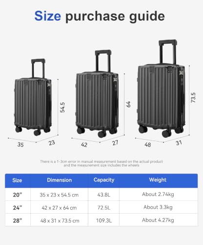 3-Piece ABS Spinner Luggage Set, 20/24/28 Inch Hard Shell Suitcases with Universal, Natural Graphite - color: B ++ Natural Graphite