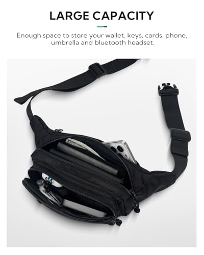 WATERFLY Fanny Pack Waist Bag: 2.5L Large 5 Zipper Pockets for Women Men - color: Black