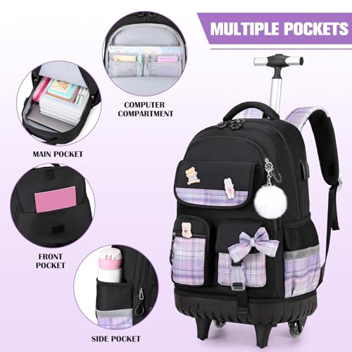 ACESAK Rolling Bow Backpack for Girls with Lunch Bag & Pencil Pouch - color: Black