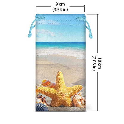 WIRESTER Set of 3 Polyester Sunglasses Pouch, Eyeglasses Soft Case with Drawstring Closure - color: Beach Sand, Full Tropical Sea Coral, Seashells