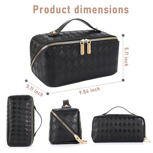 ALEXTINA Travel Makeup Bag, PU Leather Cosmetic Bag, Black - color: diamond black, size: Medium