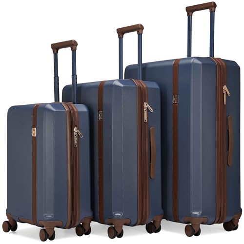 ELLE Luxe Journey 3 Piece Expandable Retro Spinner Luggage Set, Navy - color: Navy