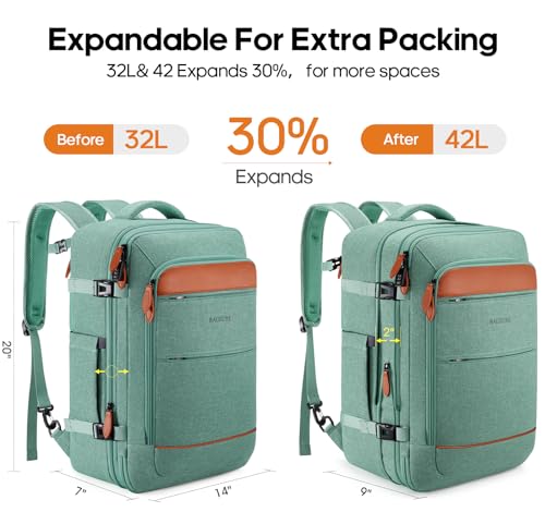 Travel Backpack Carry On Backpack 42L Flight Approved, Expandable Backpack - color: Green-brown (Backpacks With 4 Packing Cubes)