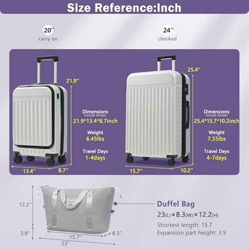 Merax Luggage Sets 2 Piece Front Opening, Hardside 20/24 IN Suitcase - color: White Grey, style: Luggage Set With Top Open 20