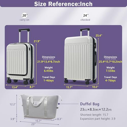Merax Luggage Sets 2 Piece Front Opening, Hardside 20/24 IN Suitcase - color: White Grey, style: Luggage Set With Top Open 20