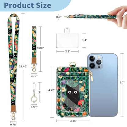 Lanyard Wallet with Id Badge Holder Keychain for Card Women Cat - color: Cat Flower Green