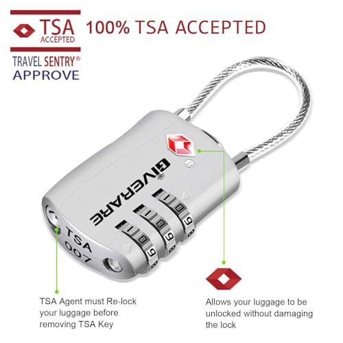 GIVERARE 2 Pack TSA Approved Luggage Locks, Combination Travel Cable Lock, Re-settable 3-Digit Padlocks with Alloy Body, Keyless TSA Padlock for Gym Locker, Golf Bag Case-Silver - color: 2 pack Silver