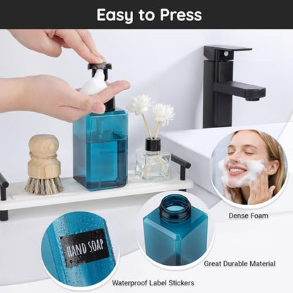 Segbeauty Plastic Square Foam Pump Bottle Refillable 15.2oz, 2pcs Empty Foaming Soap Dispenser Bathroom, Blue Foaming Pump Bottles with Label Stickers, Refillable Foam Soap Dispenser for Kitchen 450ml - color: Blue, style: 2pcs 15.2oz