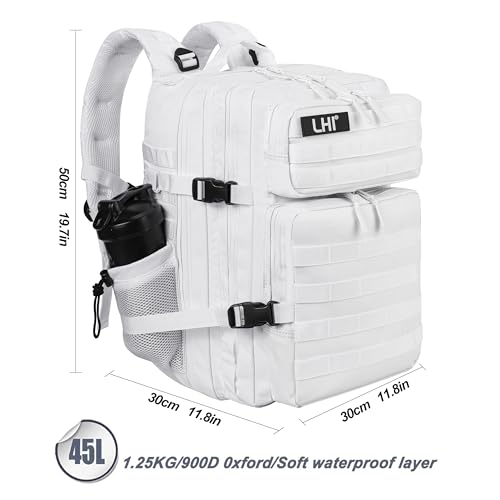 LHI Military Tactical Backpack for Men and Women 45L Army 3 Days Assault Pack Bag Large Rucksack with Molle System White - color: White