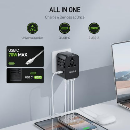 Epicka 70W GaN PD Universal Travel Adapter, 3USB-C/2USB-A - style: 70W-5USB(3 USB-C) Black