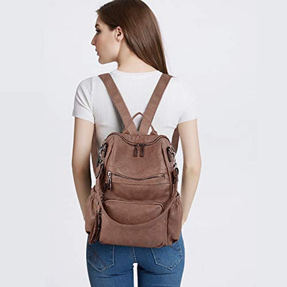 UTO Women Backpack Purse Leather Vegan Rucksack Travel Shoulder Bag - color: 0454 Khaki Medium