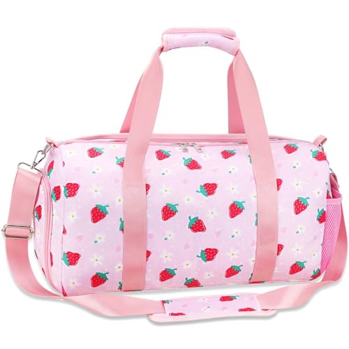 Gym Travel Duffle Bag for Girls - Gymnastics Sports Dance Bag with Shoe Compartment & Wet Pocket Panda Kids Travel Bag Teens Weekender Sleepover Carry On Bag - color: Pink Strawberry