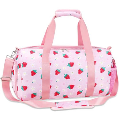 Gym Travel Duffle Bag for Girls - Gymnastics Sports Dance Bag with Shoe Compartment & Wet Pocket Panda Kids Travel Bag Teens Weekender Sleepover Carry On Bag - color: Pink Strawberry