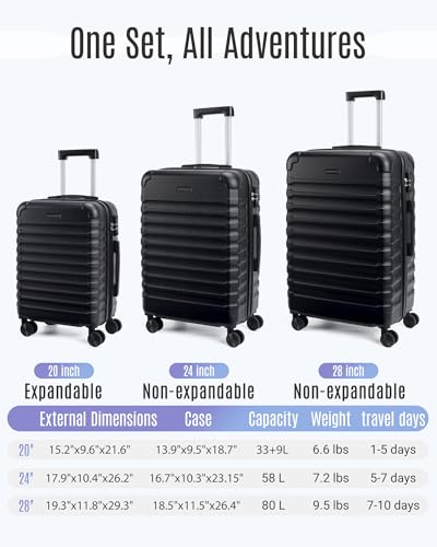 LIGHT FLIGHT Luggage Sets 3 Pcs Suitcase with Wheels,20"/24"/28",Black - color: Black