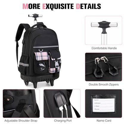 ACESAK 3PCS Rolling Backpack for Girls Children, Girls Backpack with Wheels - color: Black