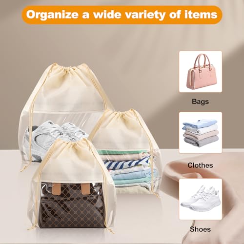 12 PCS Dustproof Drawstring Bags,Breathable Non-Woven Fabric Drawstring Dust Covers,Storage Bags Dust Bag for Handbags Shoes Purses,Beige