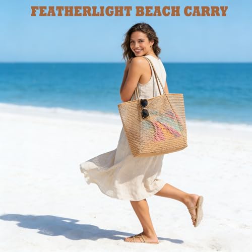 Women's Large Mesh Beach Bag Tote–Waterproof Sandproof Foldable with Zipper Pockets for Summer Travel & Vacation - color: Beige