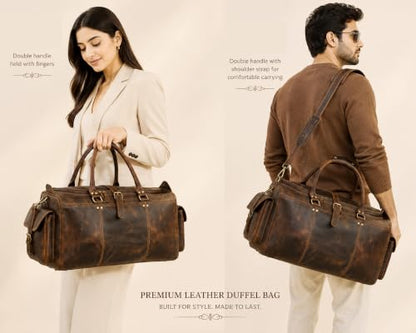 Cuero Full Grain Leather Duffle Bag for Men, Buffalo Overnight Weekend Travel Bag, Carry On with Organized Pockets, YKK Zippers, Adjustable Strap (Choclate Brown) - color: Choclate Brown