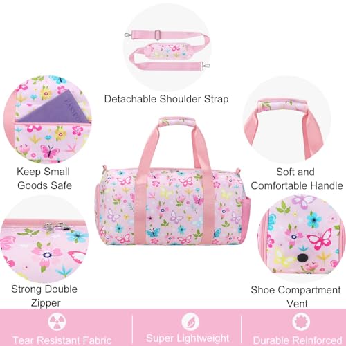 Gym Travel Duffle Bag for Girls - Gymnastics Sports Dance Bag with Shoe Compartment & Wet Pocket Starry Sky Kids Travel Bag Teens Weekender Sleepover Carry On Bag - color: Pink Butterfly