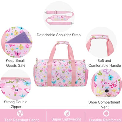 Gym Travel Duffle Bag for Girls - Gymnastics Sports Dance Bag with Shoe Compartment & Wet Pocket Starry Sky Kids Travel Bag Teens Weekender Sleepover Carry On Bag - color: Pink Butterfly