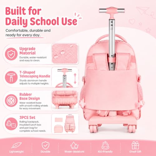 UFNDC 3PCS Rolling Backpack for Girls, Women Pink Roller Backpacks with an Interlaced Ribbon Bow, Water-Resistant Travel Wheeled Bookbag - color: Rolling Backpack Ribbon Bow Pink
