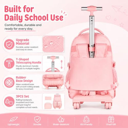 UFNDC 3PCS Rolling Backpack for Girls, Women Pink Roller Backpacks with an Interlaced Ribbon Bow, Water-Resistant Travel Wheeled Bookbag - color: Rolling Backpack Ribbon Bow Pink