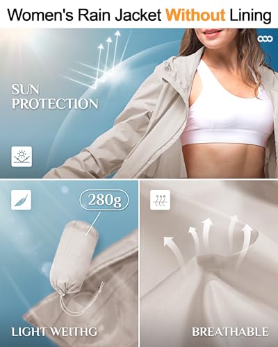 33,000ft Women's Waterproof Long Rain Coats Packable Rain Jacket with Hood - color: Beige, size: Large