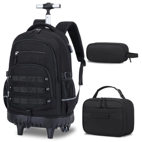 ACESAK 3PCS Camo Rolling Backpack for Boys with Lunch Box Pencil Case - color: Black