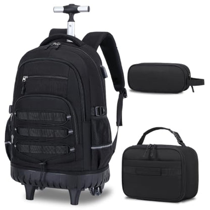 ACESAK 3PCS Camo Rolling Backpack for Boys with Lunch Box Pencil Case - color: Black
