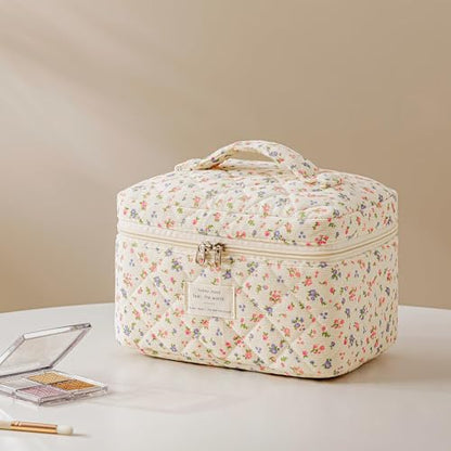 HBselect Quilted Makeup Bag, 3Pcs Cotton Large Travel Makeup Bags Organizer - color: A-3PCS-Floral 12