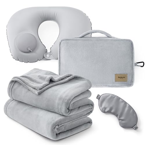 Bedsure Travel Blanket Set with Inflatable Neck Pillow and Eye Mask, Grey | 3-In-1 Airplane Blanket, Packable, Lightweight, Compact Travel Essentials, Travel Gifts for Long Flight and Flying - color: Grey