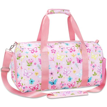 Gym Travel Duffle Bag for Girls - Gymnastics Sports Dance Bag with Shoe Compartment & Wet Pocket Starry Sky Kids Travel Bag Teens Weekender Sleepover Carry On Bag - color: Pink Butterfly