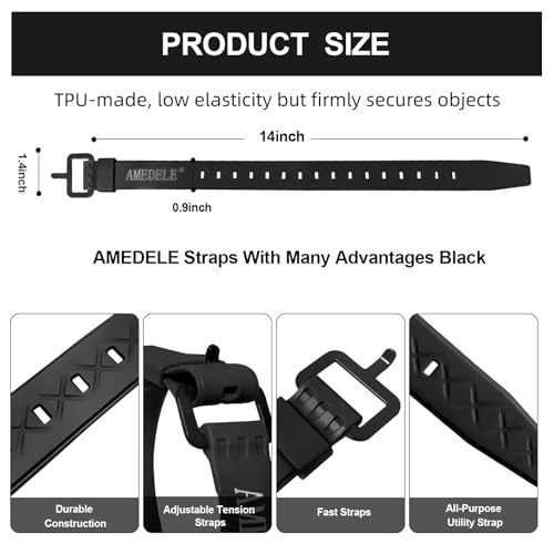 2 Pack 14" Rubber Tie Down Straps,Quick Lashing Straps with Buckles | TPU Material,Adjustable Utility Tension Straps,Simple Straps for Securing Bike Moto Luggage,Garden Hoses,Skis,Cables Black - color: Black, size: 14" Length / 2 Pack