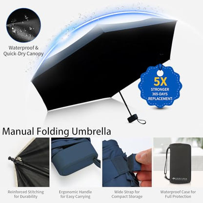 Compact Mini Windproof Travel Umbrella-UPF 50+ Sun & Rain Protection, Small Folding Design Fits in Pocket or Purse, Lightweight Portable with Case for Women, Men & Kids - color: Navy Blue