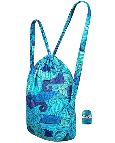 Nanobag Pack 14L Packable Foldable Drawstring Backpack For Men & Women - color: Blue Waves
