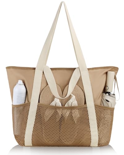 HOMESPON Beach Bag Large Waterproof Sandproof Tote for Women with Zipper and Mesh Pockets - color: Khaki, size: Large
